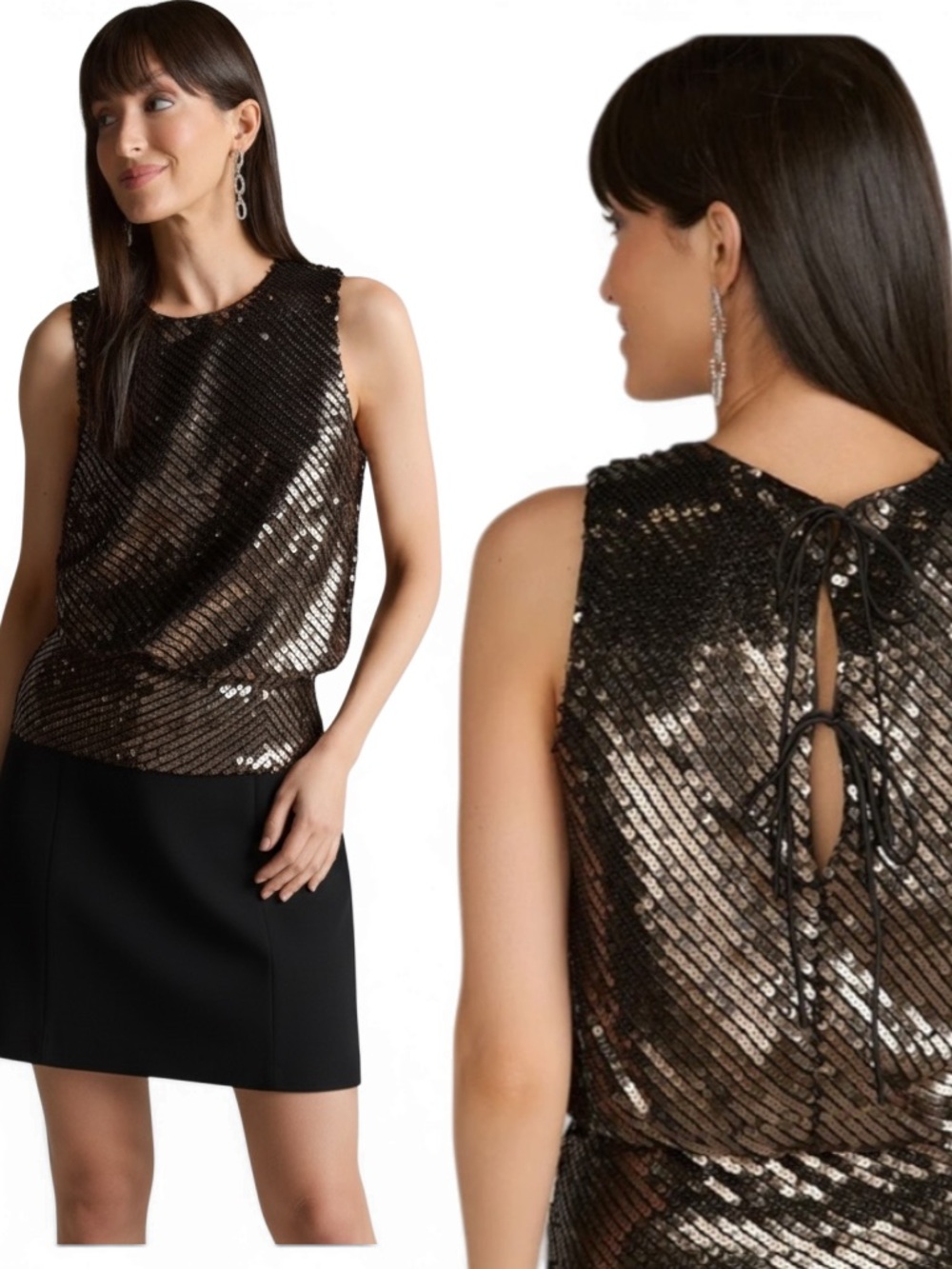 Bronze Sequin Jewel Neck Bubble Hem Open Tie Back NEW Large Ny&Co Mustard Seed